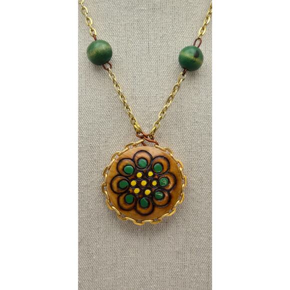 Vintage Green Bead Reversible Floral Pendant Boho Necklace - Picture 3 of 7
